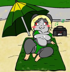 aliasing anthro beach big_breasts blush breasts fangs female hamster hamtaro_(series) looking_at_viewer lying mini-ham on_back plump_labia red_eyes rodent roy_mccloud seaside skimpy solo source_request swimsuit