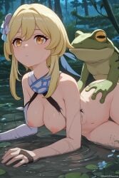 ai_generated blonde_female blonde_hair female_penetrated frog genshin_impact hoyoverse interspecies lumine_(genshin_impact) mihoyo monster naked naked_female raped_by_monster raped_female ripped_clothing sex sex_from_behind swamp