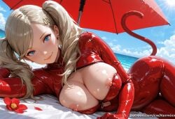 1girl ai_generated ann_takamaki bangs blonde_hair blue_eyes blue_sky blush bodysuit breasts cat_tail cleavage cleavage_cutout closed_mouth clothing_cutout covered_navel day earrings fake_tail flower hair_ornament hairclip jewelry kermixx large_breasts latex long_hair looking_at_viewer lying nipple_slip nipples ocean on_side outdoors persona persona_5 petals red_bodysuit shiny shiny_clothes skin_tight sky smile solo stud_earrings swept_bangs tail thigh_gap twintails umbrella wet zipper