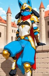 1girls 2026 ai_generated anthro armor armored_female black_fur blue_fur blushing bottomless bottomless_female castle digitigrade female female_only flat_chest generation_4_pokemon gold_armor half-closed_eyes helmet hi_res innie_pussy legs_up lucario nintendo on_wall outdoors paladin pokemon pokemon_(species) purple_eyes pussy raised_leg scarf zonoya_(artist)