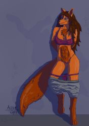 anthro azurgyn bottomwear bra breasts brown_hair canid canine clothing curvy_figure digital_drawing_(artwork) digital_media_(artwork) digitigrade female fox fur genitals green_eyes grey_bottomwear grey_clothing grey_pants hair hands_behind_back hi_res leaning_on_wall long_hair lowered_panties lowered_pants mammal orange_body orange_fur panties pants purple_bra purple_clothing purple_panties purple_underwear signature simple_background solo tail underwear vulva wall_(structure)