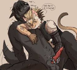 anthro assisted_masturbation black_body black_fur bodily_fluids canid canine canis colorpoint cryptorch1dism desperation dirty_talk domestic_cat dripping duo edging felid feline felis flustered fur genital_fluids genitals head_on_chest hi_res knot knot_tugging leather lying_on_chest male male/male mammal nicholas_d_wolfwood penis precum precum_drip prosthetic prosthetic_limb robotic_arm scar scarred_body tail tail_motion tailwag throbbing throbbing_penis trigun vash_the_stampede wolf