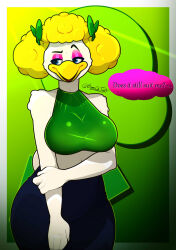 1girls 2026 2d 2d_(artwork) 2d_artwork anthro anthro_female artist_logo artist_name avian beak beanontoast big_breasts bird bird_girl black_pants blonde blonde-haired_female blonde_female blonde_hair blonde_hair_female blue_eyes bow_(disambiguation) britney_spears_(cosplay) chicken chicken_girl chuck_e_cheese_(franchise) clothed_female clothes crop_top dialog dialogue digital_art digital_drawing_(artwork) digital_media_(artwork) female furry furry_female galliform gallus_(genus) green_crop_top green_sweater helen_henny mascot midriff pink_eyeshadow solo text thick_thighs white_feathers