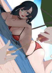 1girls ass beach beach_towel bikini blush breast_squish breasts butt_crack cleavage crossed_arms female legs_up liz_(piyoko_piyop) looking_at_viewer love_live! love_live!_nijigasaki_high_school_idol_club on_stomach open_mouth pov pov_hands red_bikini shade smile striped_bikini suntan_lotion swimsuit umbrella yuuki_setsuna_(love_live!)