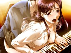 blush breast_grab clothing long_hair maki_yahiro nipples onna_kyoushi_chijoku_no_senritsu open_clothes open_mouth open_shirt piano sex shinamoto_kasumi shirt skirt