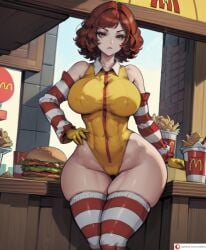 4k abs absurdres ai_generated burger child_bearing_hips clown_girl cmtilins collared_leotard fast_food french_fries fries gloves highres large_ass large_breasts leotard long_sleeves mcdonald's nipple_bulge pale_skin red_hair redhead restaurant ronald_mcdonald short_hair stockings striped_sleeves striped_stockings thick_thighs wide_hips yellow_gloves