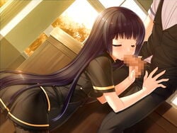 black_hair blush censored classroom claudia_giggs closed_eyes clothed_sex evening fellatio game_cg hair long_hair motto_nee_chanto_shiyou_yo! oral penis school_uniform skirt sumeragi_kohaku window