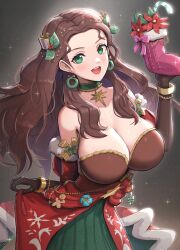 1girls alternate_costume alternate_hairstyle bare_shoulders breasts brown_hair candy candy_cane christmas christmas_wreath_earrings cleavage collarbone commentary dorothea_arnault dorothea_arnault_(winter) dress earrings female female female_only fire_emblem fire_emblem:_three_houses fire_emblem_heroes fire_emblem_warriors:_three_hopes food gift gingerbread_man gonzarez green_dress green_eyes hair_ornament highres holly_hair_ornament jewelry large_breasts looking_at_viewer nintendo official_alternate_costume official_alternate_hairstyle open_mouth red_dress smile solo teeth upper_teeth_only