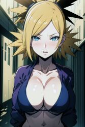 1girls adapted_costume ai_generated alley alternate_costume big_breasts blonde_hair boruto:_naruto_next_generations bra breasts cleavage costemania earrings facing_viewer female female_only flashing flashing_breasts front_view huge_breasts jacket jewelry light-skinned_female light_skin mature mature_female milf nai_diffusion naruto naruto_(series) open_clothes open_jacket partially_clothed ponytail presenting presenting_breasts quad_tails solo solo_focus stable_diffusion teal_eyes temari topwear topwear_only twintails upper_body voluptuous voluptuous_female