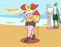 anthro arm_warmers armwear ass big_breasts big_butt braixen breasts clothing exhibitionism female generation_5_pokemon generation_6_pokemon generation_7_pokemon hi_res huge_butt legwear lycanroc male nintendo nokamiwd pokemon pokemon_(species) serperior short_stack simple_background skimpy_bikini stockings tail thick_thighs thigh_highs wide_hips