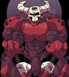 1boy 2023 abs angry bara barcode biceps big_pecs blush bodily_fluids bolts bound bound_wrists clenched_teeth deltoids demon eyeless gay genitals hand_wraps helltaker hi_res horn horned_headwear horned_humanoid humanoid juggermelon kneeling large_penis looking_at_viewer male male_focus male_only muscular muscular_humanoid muscular_male number pecs penis red_body robot_humanoid robotic_arms skull skull_head solo solo_focus solo_male steamy_breath subject_67_(helltaker) submissive_male sweat tail tail_offscreen teeth teeth_showing thick_penis thick_thighs vein wraps wrists_tied