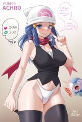 1girls achromaru aged_up alternate_breast_size blue_eyes blue_hair breasts dawn_(pokemon) embarrassment english_text female game_freak hat huge_breasts light-skinned_female light_skin long_hair nintendo panties pokemon pokemon_dppt slim_waist strip_game thick_thighs twitter_strip_game_(meme)