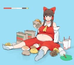 bbw belly_overhang big_belly big_breasts big_female blush chubby chubby_female cookie_(touhou) fat food hamburger ohasi overweight overweight_female plump reimu_hakurei reu_(cookie) spilled_drink thick_thighs touhou weight_gain