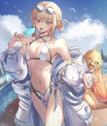 1boy 2d androgynous angry artoria_caster_(fate) artoria_pendragon_(caster) beach bikini bulge color fate/grand_order fate_(series) femboy flat_chest funny looking_at_viewer male_focus naked naked_female oberon_(fate_grand_order) popsicle skinny summer swimsuit tongue tongue_out trap trashochist type-moon