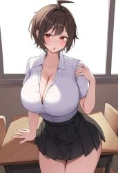 ai_generated breasts brown_hair classroom danganronpa danganronpa_2:_goodbye_despair gender_transformation genderswap_(mtf) gigantic_breasts hinata_hajime huge_breasts large_breasts rule_63 school school_uniform schoolgirl schoolgirl_uniform stable_diffusion tomboy