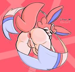 anus ass dialogue dustyspaghetti eeveelution english_text female feral generation_6_pokemon genitals hi_res looking_back nintendo open_mouth pokemon pokemon_(species) pussy simple_background solo sylveon text