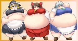 bbw belly_overhang big_belly big_breasts big_female blush chubby chubby_female embarrassed fat fat_arms fat_ass fat_female fat_fetish fat_girl fat_woman fatty huge_belly kurocaze large_female maid maid_apron maid_headdress maid_uniform marisa_kirisame obese obese_female overweight overweight_female plump pork_chop reimu_hakurei sakuya_izayoi ssbbw thick_thighs touhou tubby weight_gain witch witch_hat