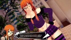 3d 3d_(artwork) joker_(persona) orange_hair persona persona_5 ponytail purple_clothing sakura_futaba skimpy_clothes text_box that_naoto_guy