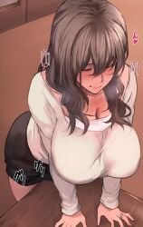 1girls 2018 absurd_res black_hair black_skirt blush breasts cleavage clothed clothed_masturbation clothing crotch_rub female female_only heart highres indoors large_breasts leaning_forward long_hair masturbation mature_female miniskirt moaning original pencil_skirt pepe_(jonasan) ring shirt skirt solo sound_effects standing sweat table table_humping tight_clothing wedding_ring white_shirt