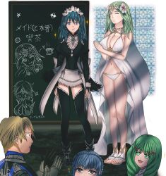 1boy 2girls 4girls :o ;p alternate_costume bangs bare_arms bare_legs bare_thighs bikini blonde_hair blue_eyes blue_hair braid breasts bridal_gauntlets brown_eyes byleth_(fire_emblem) byleth_(fire_emblem)_(female) cape chalkboard clapping cleavage closed_eyes cosplay dimitri_alexandre_blaiddyd drawing dress felicia_(fire_emblem)_(cosplay) female female_focus fire_emblem fire_emblem:_three_houses fire_emblem_fates fire_emblem_heroes flayn_(fire_emblem) flower full_body garreg_mach_monastery_uniform gloves green_eyes green_hair hair_flower indoors inner_thighs japanese_text large_breasts legs light_blue_hair long_hair long_sleeves looking_at_viewer maid maid_headdress male mali-sa marianne_von_edmund medium_hair multiple_girls nintendo official_alternate_costume open_mouth own_hands_together rhea_(fire_emblem) rhea_(summer)_(fire_emblem) sandals short_hair sideboob smile sparkles swimsuit teal_hair text thighhighs thighs white_bikini white_swimsuit wink