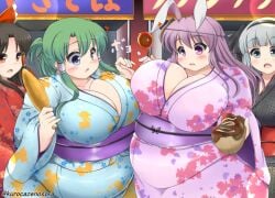 bbw belly_overhang big_belly big_breasts big_female blush chubby chubby_female embarrassed fat fat_ass fat_female fat_fetish fat_girl fat_woman fatty kurocaze large_female obese obese_female overweight overweight_female plump pork_chop reimu_hakurei reisen_udongein_inaba sanae_kochiya thick_thighs touhou weight_gain youmu_konpaku