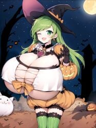 1girls ai_generated arms_up barely_contained basket bat bell_collar blush bow cat_(battle_cats) earrings fat_thighs green_eyes green_hair halloween haunted_house heart hi_res huge_breasts jack-o'-lantern long_hair looking_at_viewer night pumpkin smiling the_battle_cats thigh_highs trick_or_treat windy_(battle_cats) wink witch_costume