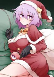 1girls :| ass bed big_breasts black_gloves blush breasts christmas_outfit cleavage dat_ass expressionless gloves laying_on_bed laying_on_side light-skinned_female pillow pink_hair pink_nipples santa_costume santa_hat satori_komeiji scavia10 solo solo_female thighs third_eye touhou watermark