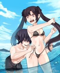 beach bikini bikini_bottom_pull bikini_bottom_removed bikini_pull bikini_top genshin_impact mona_(genshin_impact) nearreya pulling_panties removing_panties removing_underwear scaramouche_(genshin_impact) sea smirk straight swimsuit twintails undoing_clothing water