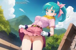 1girls ai_generated blue_eyes bulma_(dragon_ball) bulma_briefs dragon_ball dragon_ball_z female female_only green_hair karmino medium_breasts medium_hair solo_female