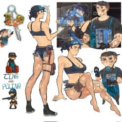 1boy 1girls ass back black_cap black_gloves black_hair black_shirt black_shoes blue_bra blue_cap blue_eyes blue_overalls blue_paint bra breasts cap character_name cleavage clothed clothed_female clothed_male clothing dead_ahead feet female_focus fully_clothed fully_clothed_male gloves hammer hat holding_object keys laer_fox leg_pouch light-skinned_female light-skinned_male light_skin medium_breasts midriff official_alternate_costume orange_hair overalls paint paint_bucket paint_on_body paintbrush pantyhose polina_(dead_ahead) ponytail reference_image ripped_pantyhose sfw shirt shoes short_shorts shorts sitting standing stomach t-shirt text thighs tool_belt white_gloves wrench