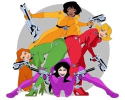 4_bodysuits 4girls alex_(totally_spies) ass_to_ass bent_over black_hair blonde_hair blue_eyes bodysuit brown_lips clover_(totally_spies) dark-skinned_female full_body green_bodysuit green_eyes green_lips gun huge_ass krezniverse large_breasts long_hair mandy_(totally_spies) mandy_walters open_mouth pistol purple_bodysuit purple_eyes red_bodysuit red_hair red_lips sam_(totally_spies) short_hair simple_background smile totally_spies wedge_heels yellow_bodysuit yellow_eyes