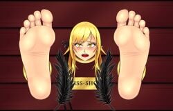 1girls 5_toes barefoot big_feet blackorb00 blonde_hair blush cum_on_feet cumshot damsel_in_distress feet feet_up female foot_fetish foot_focus foot_lick foot_play foot_worship footjob meaty_soles monogatari_(series) stuck stuck_in_object through_wall tickle_fetish tickle_torture tickling tickling_feet toes trapped worship