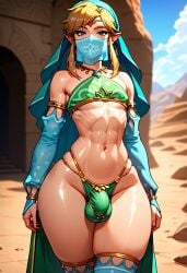 ai_generated big_ass big_butt blonde_hair bulge bulge_through_clothing crop_top dgallery ear_piercing elf elf_ears femboy flaccid flat_chest gerudo gerudo_link gerudo_top gerudo_veil link penis_outline seductive skimpy slim_waist small_penis stockings thick_thighs twink underwear