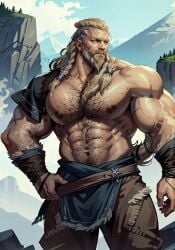 1boy 2023 ai_generated assassin's_creed_(series) assassin's_creed_valhalla bara bara_tits barazoku beard biceps blonde_hair clothing eivor_varinsson facial_hair gay hairy hairy_chest male male_focus male_nipples male_only male_pubic_hair manly muscular_arms muscular_male nipples pecs solo solo_male ubisoft viking yaoi