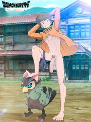 aleccanny big_penis brown_eyes brown_hair digimon digimon_adventure full_body gay in_forest minoru_hinata penis penis_awe penis_out penis_size_difference smiling underpants young younger_male