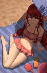 beach bikini cleavage female kasumi_yoshizawa laying_down looking_at_viewer persona persona_5 pink_swimsuit red_eyes red_hair relaxing swimsuit x_xith_x