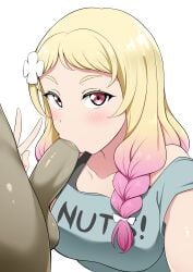 1boy 1girls blush braid breasts clothed_female_nude_male english_text erection eyes fellatio female female_only flower flower_in_hair gradient_hair hair_bobbles limelam06 looking_at_viewer love_live! love_live!_superstar!! onitsuka_natsumi open_eyes oral oral_sex peace_sign penis shirt testicles tits uncensored