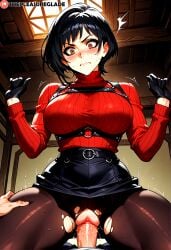 1boy 1girls absurd_res ada_wong ai_generated arched_back arms_up black_hair blush bob_cut brown_eyes cowgirl_position eyeshadow from_below large_breasts looking_down makeup miniskirt nervous pantyhose penis pov red_sweater resident_evil ripped_clothing ripped_pantyhose sex short_hair surprised the_pleasure_glade thick_thighs torn_pantyhose vaginal_penetration vaginal_penetration vaginal_sex wavy_mouth