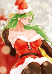 1girls alternate_costume annand_(fire_emblem) bag bare_shoulders belt breasts christmas dress elbow_gloves female female_only fire_emblem fire_emblem:_genealogy_of_the_holy_war gloves green_eyes green_hair hat holding holding_object large_breasts long_hair looking_at_viewer nintendo pantyhose santa_hat shoulders smile solo star star_(symbol) ta_dasu_(tadasu_hayashi) wand