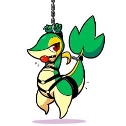 1:1 ai_generated anthro ball_gag bondage bondage bound chains collar cuff_(restraint) female feral gag gagged generation_5_pokemon harness hellsonger hi_res nintendo pokemon pokemon_(species) red_eyes reptile restraints scalie shackles simple_background snivy solo submissive white_background