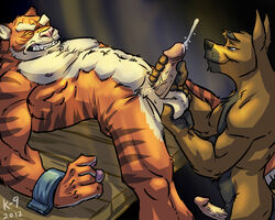2012 arched_back azaghal balls balls_fondling bondage bound canine clenched_teeth closed_eyes color cum cumshot dubious_consent erection feline furry furry_only gay handjob k-9 male male_only muscles no_humans orgasm penis sex shackles tiger vein yaoi