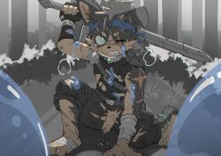 anthro athletic athletic_male bodily_fluids canid canine canis clothing domestic_dog genital_fluids genitals hi_res leeksaltboy male male_only mammal melee_weapon one_eye_closed penis precum scar solo sword torn_clothing weapon wet xiaozhuang_(leeksaltboy)