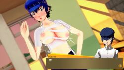 big_breasts blush breast_exposed broken_clothing embarrassed exposed_breasts persona persona_4 shirogane_naoto surprise text_box that_naoto_guy