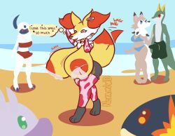 absol animal_print anthro arm_warmers armwear ass beach big_breasts big_butt bodily_fluids braixen breast_expansion breasts clothed clothing cow_print cowbell erection erection_under_clothing exhibitionism expansion female generation_3_pokemon generation_5_pokemon generation_6_pokemon generation_7_pokemon gynomorph hi_res huge_breasts huge_butt hyper hyper_breasts intersex lactating lactation legwear lycanroc male nintendo nokamiwd pokemon pokemon_(species) public serperior short_stack simple_background skimpy_bikini sloshing_breasts stockings tail thick_thighs thigh_highs wide_hips