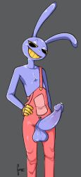 anthro balls clothing cupic fur genitals gloves hand_on_hip handwear hi_res jax_(the_amazing_digital_circus) lagomorph leporid male male_focus male_only mammal overalls penis purple_body purple_fur rabbit smile solo solo_male the_amazing_digital_circus yellow_eyes