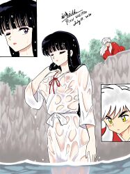 asian asian_female bangs big_breasts black_hair breasts female hatsuneemon inuyasha inuyasha_(character) kikyo_(inuyasha) male nipples red_lipstick very_long_hair voluptuous voluptuous_female wet