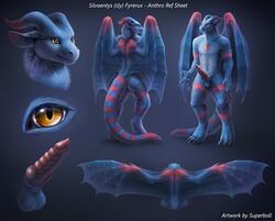 1boy anthro balls claws dragon fluff horn looking_at_viewer male male_only model_sheet nude penis plain_background sly smile solo stripes superboll wings yellow_eyes