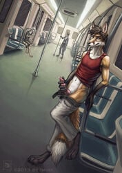 anthro boner canine canine_penis erection food fox furry gay hanon imiak male male_only masturbation no_humans paws penis precum public public_transportation red_shirt sandwich subway teasing