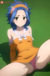 1girls ai_generated blue_hair breasts clothed clothing fairy_tail female female_only levy_mcgarden pale-skinned_female pale_skin panties petite petite_female pink_panties shirt_lift small_breasts sunsunai