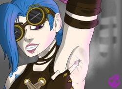 arcane arcane_jinx armpits blue_hair giantess jinx_(league_of_legends) nikonoir painted_nails purple_eyes shrinking sweat